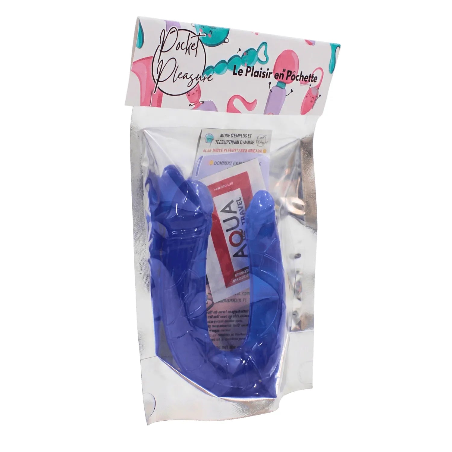 Double dong flexible bleu avec reliefs réalistes, emballé avec dosette de lubrifiant, pour exploration sensorielle.