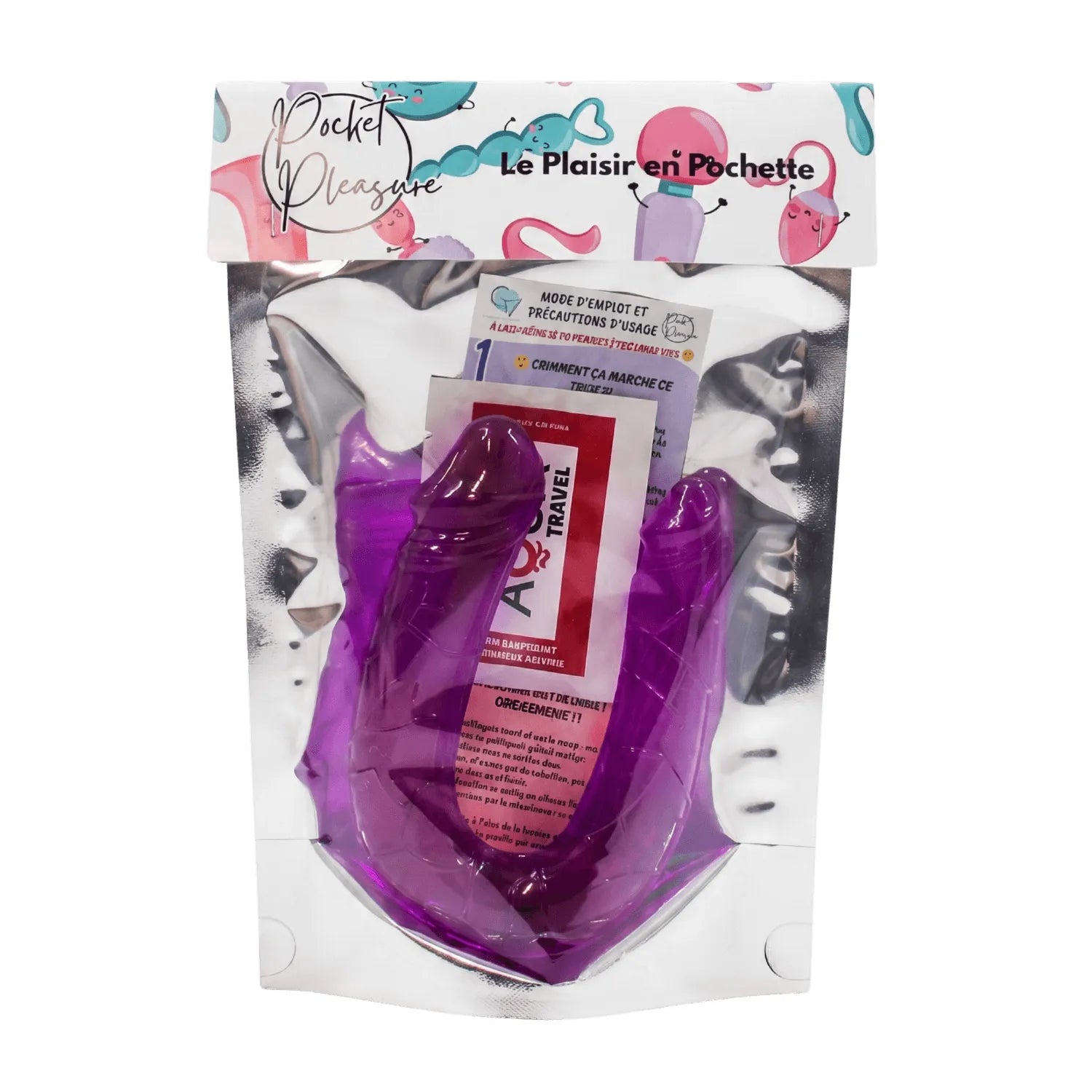 Double Dong Flexible violet en TPE avec reliefs réalistes, deux extrémités, inclus une dosette de lubrifiant.
