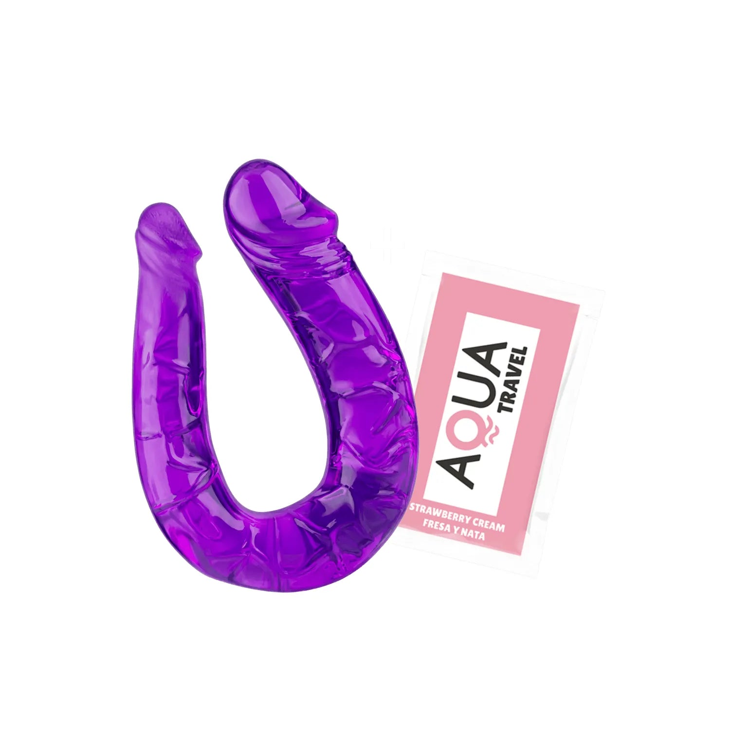 Double dong violet flexible en TPE avec reliefs réalistes, accompagné d'une dosette de lubrifiant Aqua Travel.