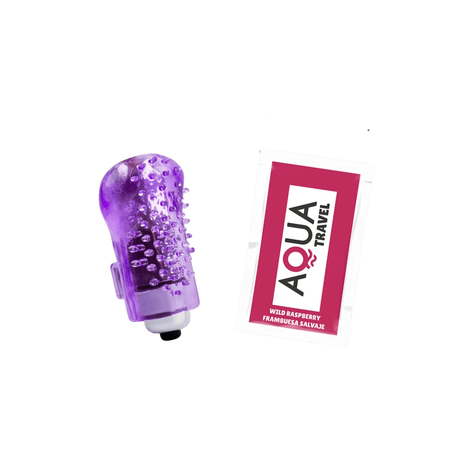 Doigt vibrant violet texturé avec picots et dosette de lubrifiant, accessoire discret pour caresses vibrantes et intenses.