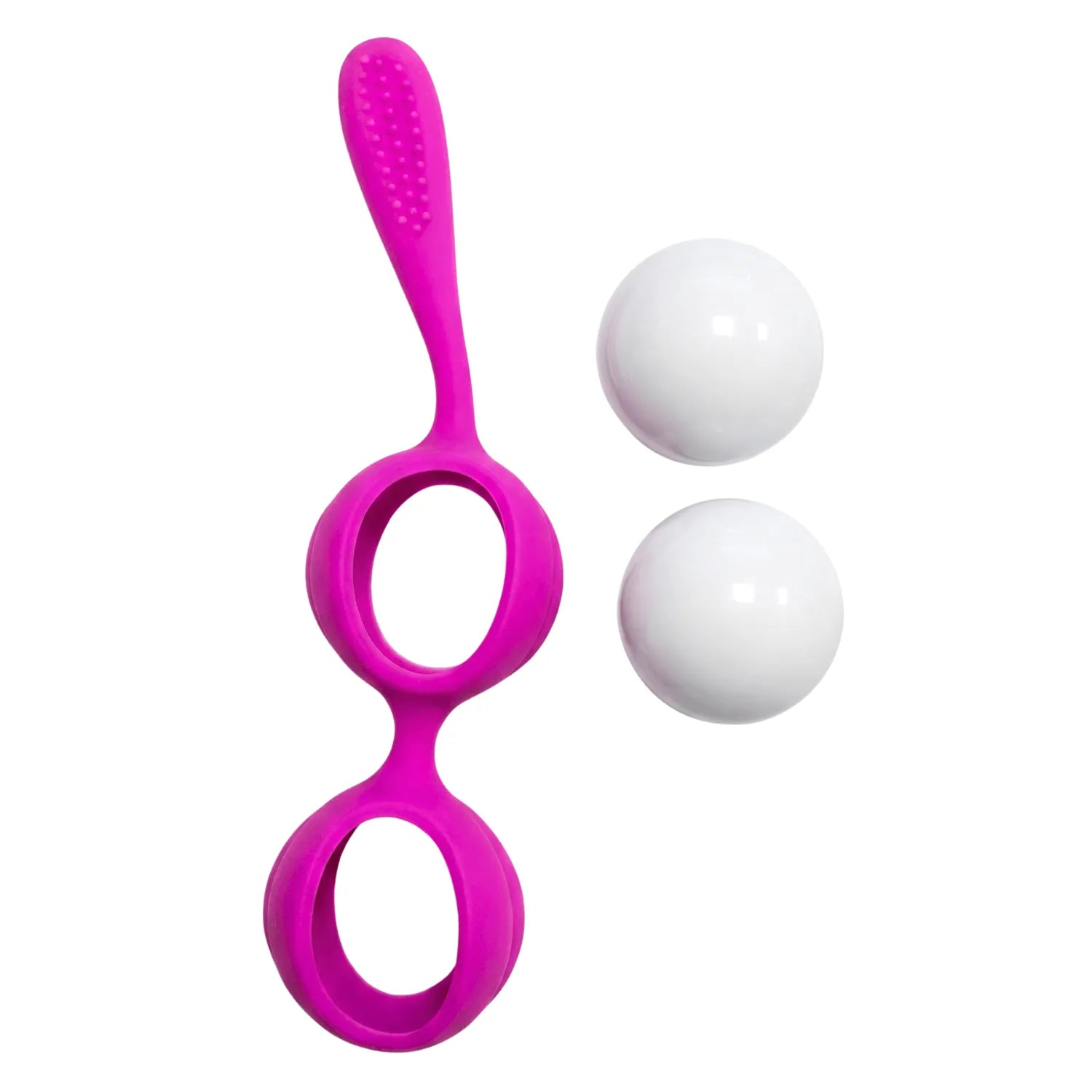 Boules de Geisha fuchsia en silicone avec vibrations naturelles, deux sphères blanches amovibles pour rééducation périnéale.
