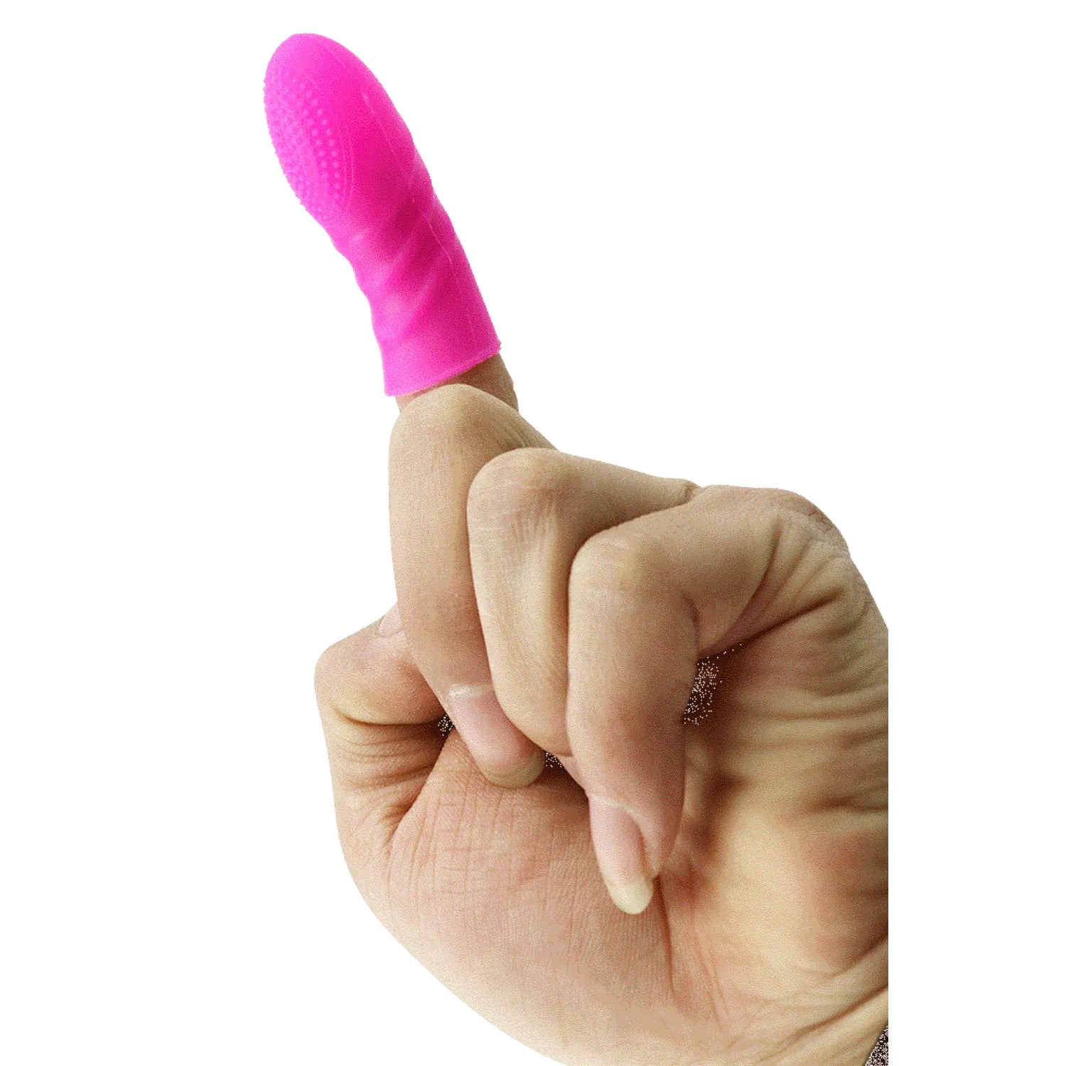 Doigt chinois rose en silicone avec picots, porté sur un doigt, pour stimulation précise et intense.