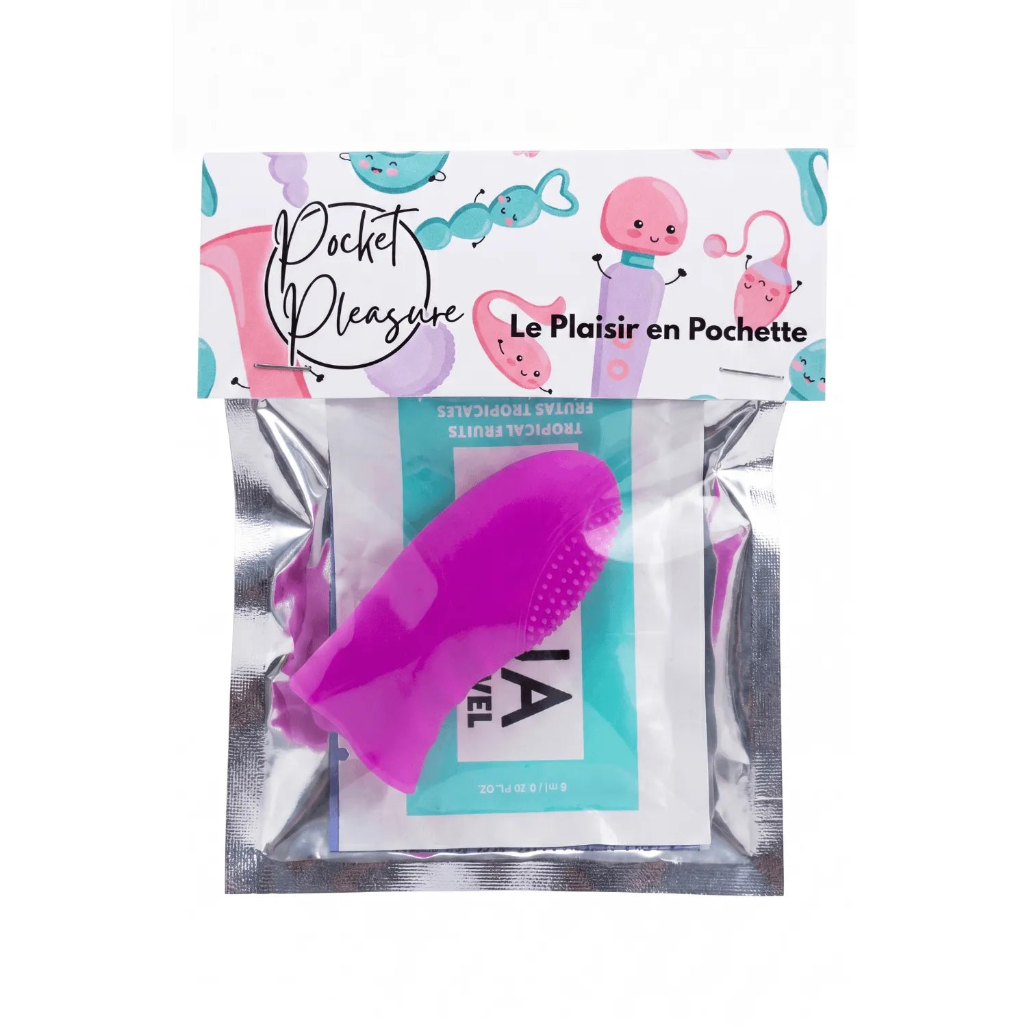 Doigt chinois rose en silicone avec picots, emballé avec dosette de lubrifiant, pour stimulation texturée précise.