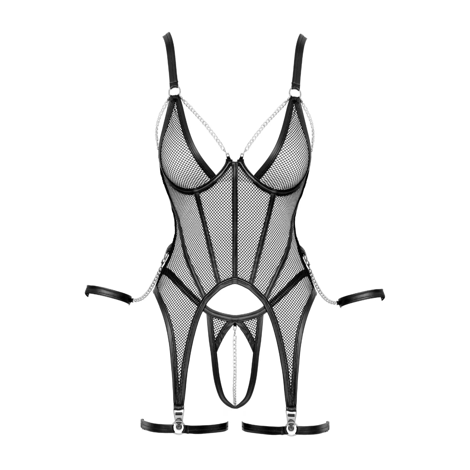 Ensemble porte-jarretelles et string ouvert résille noir Cottelli, détails métalliques argentés, design élégant et séduisant.