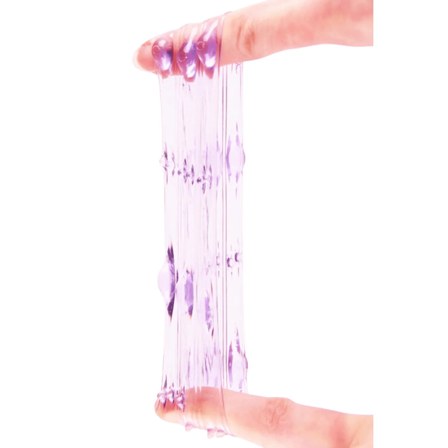Gaine pénienne rose extensible avec picots et boules en relief pour stimulation intense, tenue entre deux doigts.