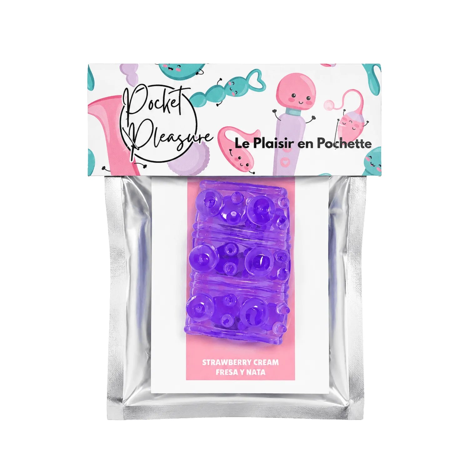 Gaine pénienne violette ultra-extensible avec picots, stimulation intense, emballage Pocket Pleasure.