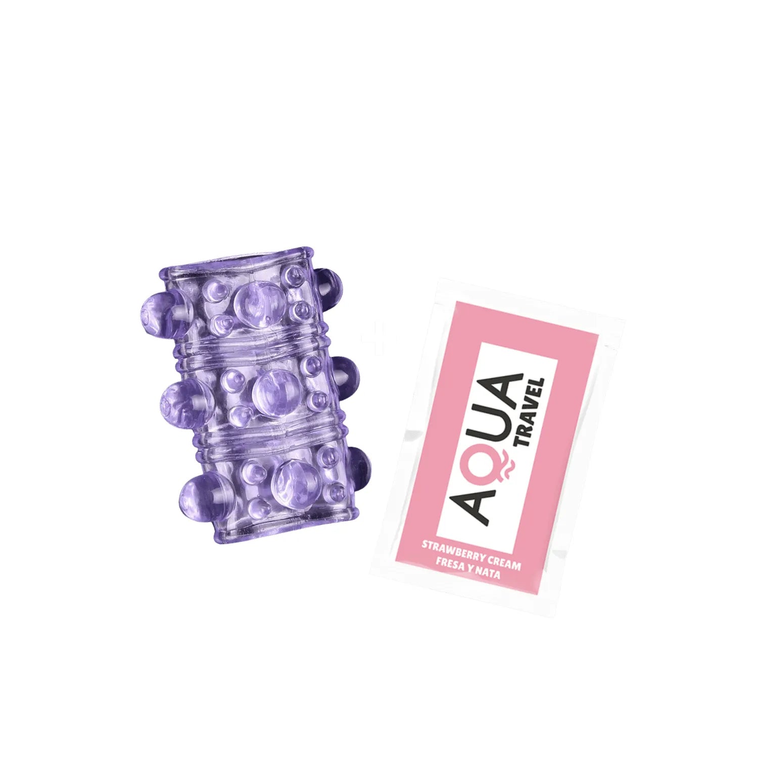Gaine pénienne violette à picots et reliefs, ultra-extensible, pour stimulation intense, avec échantillon lubrifiant.