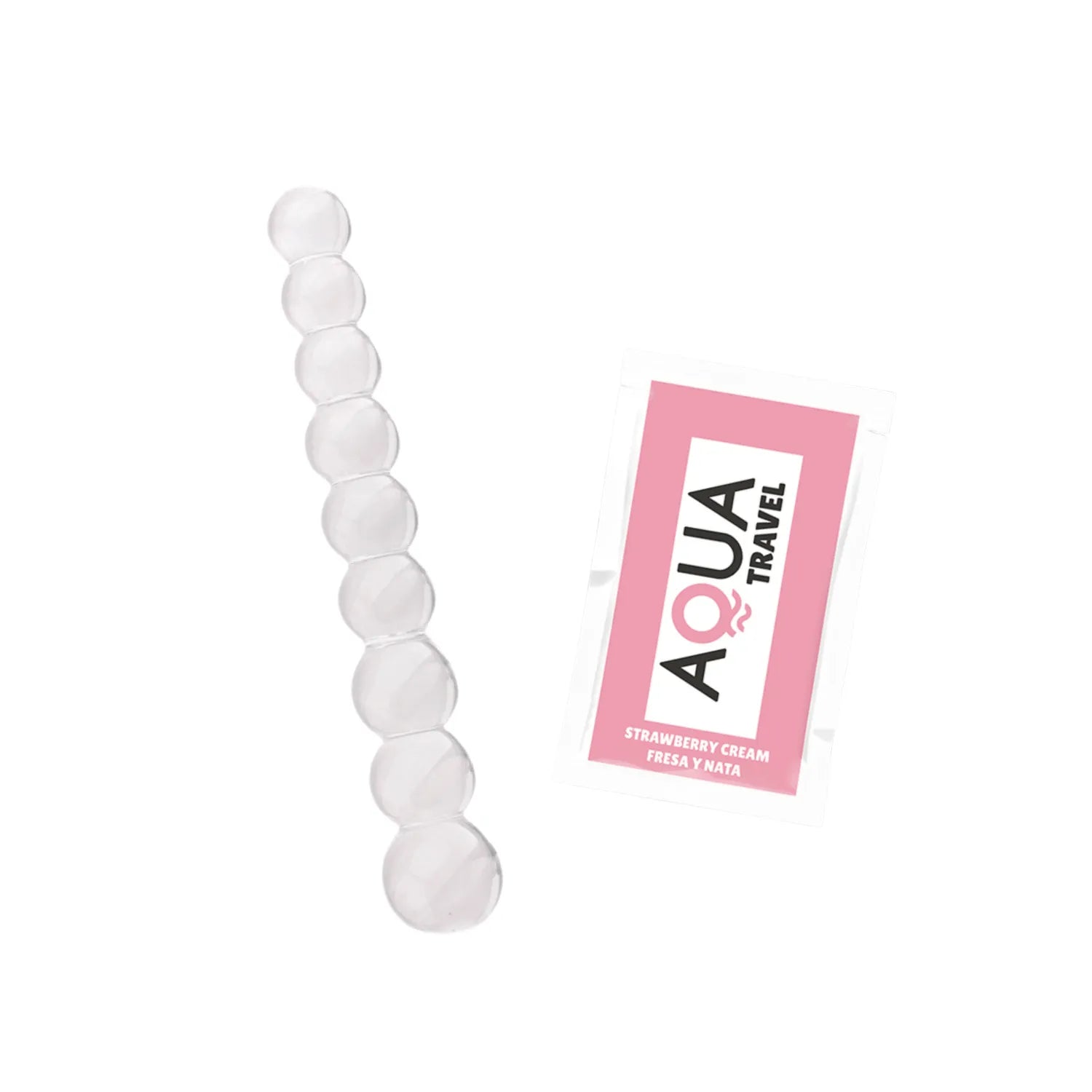Chapelet anal en verre transparent à neuf boules progressives, accompagné d'un sachet Aqua Travel parfum fraise.