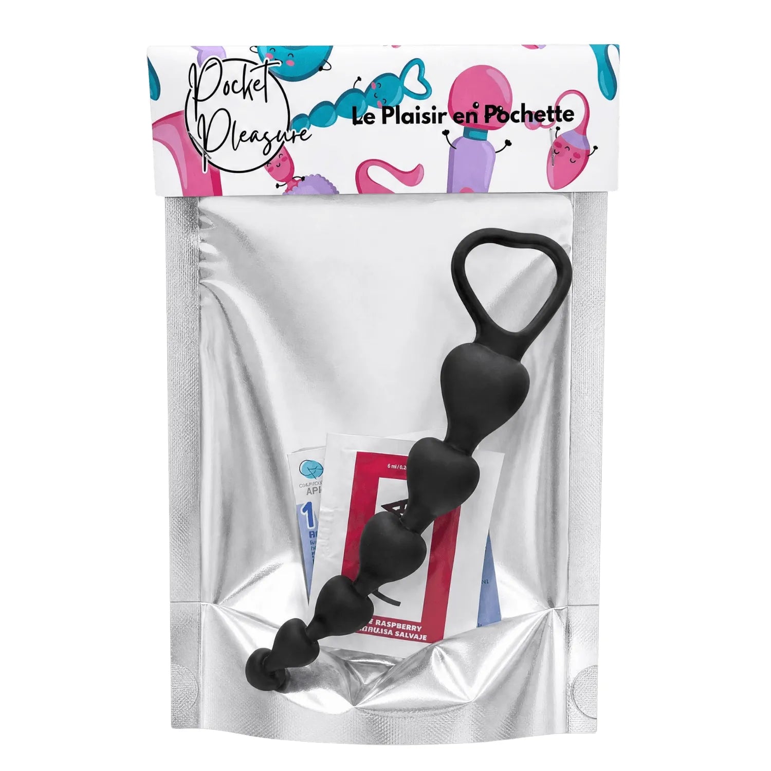 Chapelet anal cœur en silicone noir avec poignée, 6 boules progressives, inclus lubrifiant, emballage Pocket Pleasure.
