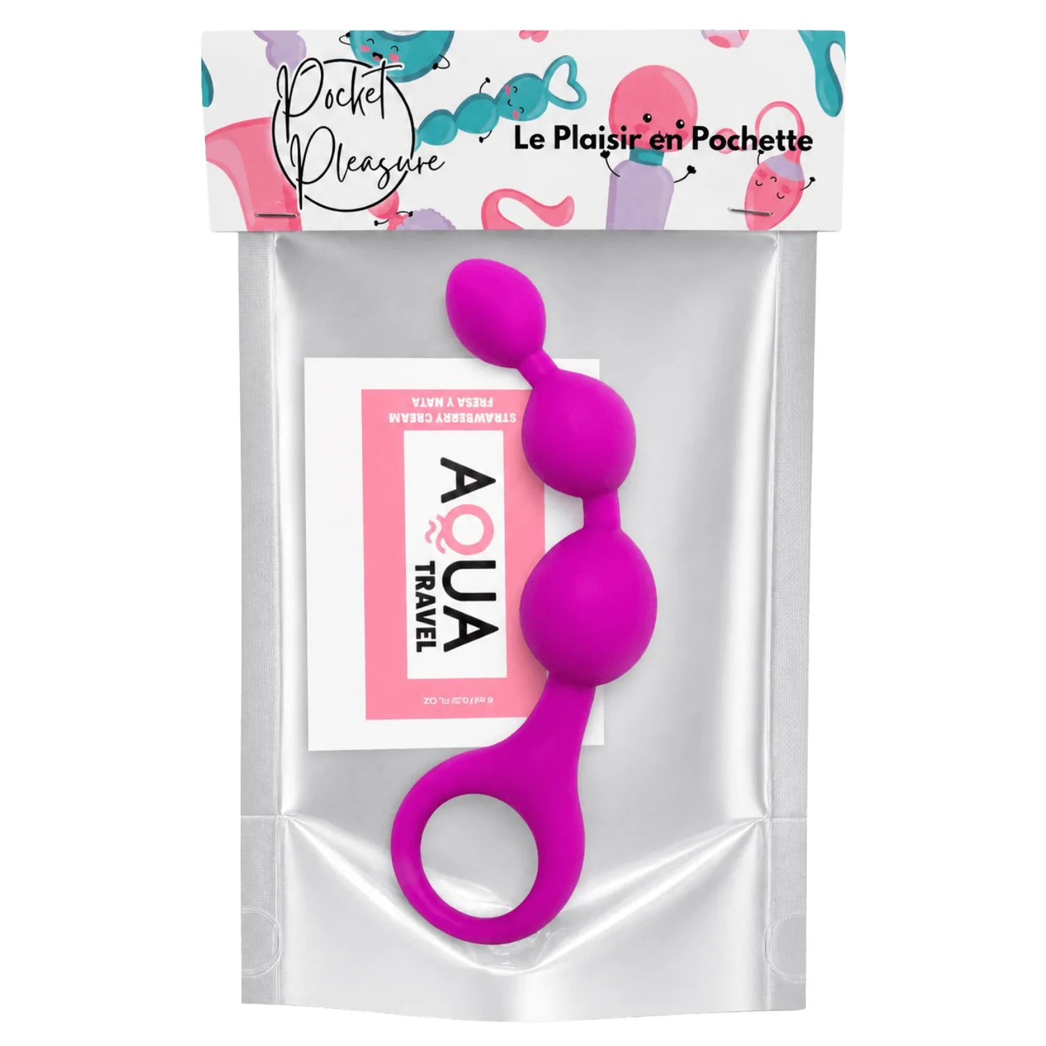 Chapelet anal 3 boules fuchsia en silicone avec poignée ergonomique, accompagné d'une dosette de lubrifiant, sur fond neutre.