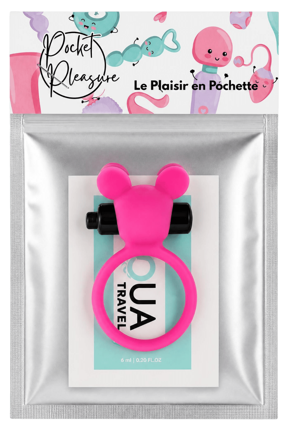 Anneau vibrant rose ourson en silicone avec bullet noir, emballage argenté, design kawaii, lubrifiant inclus.
