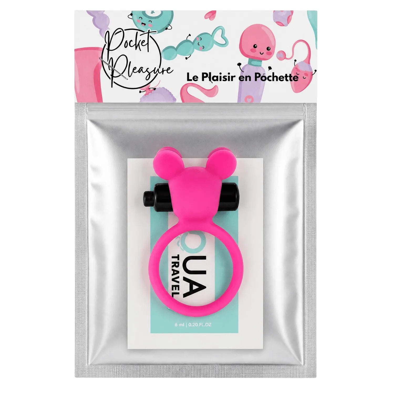 Anneau vibrant rose ourson en silicone avec bullet noir, emballage argenté, design kawaii, lubrifiant inclus.