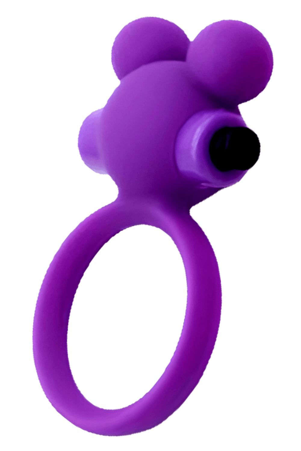 Anneau vibrant violet ourson en silicone avec oreilles rondes, bullet intégré, pour stimulation clitoridienne précise.
