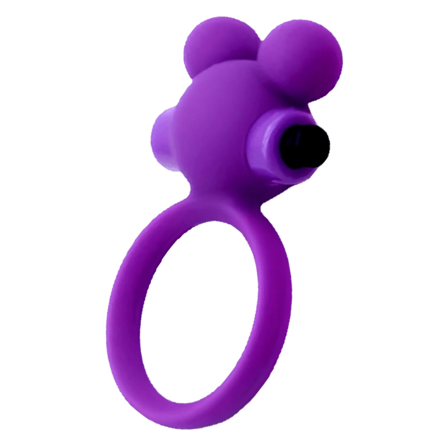 Anneau vibrant violet ourson en silicone avec oreilles, design kawaii, double stimulation pour couples.