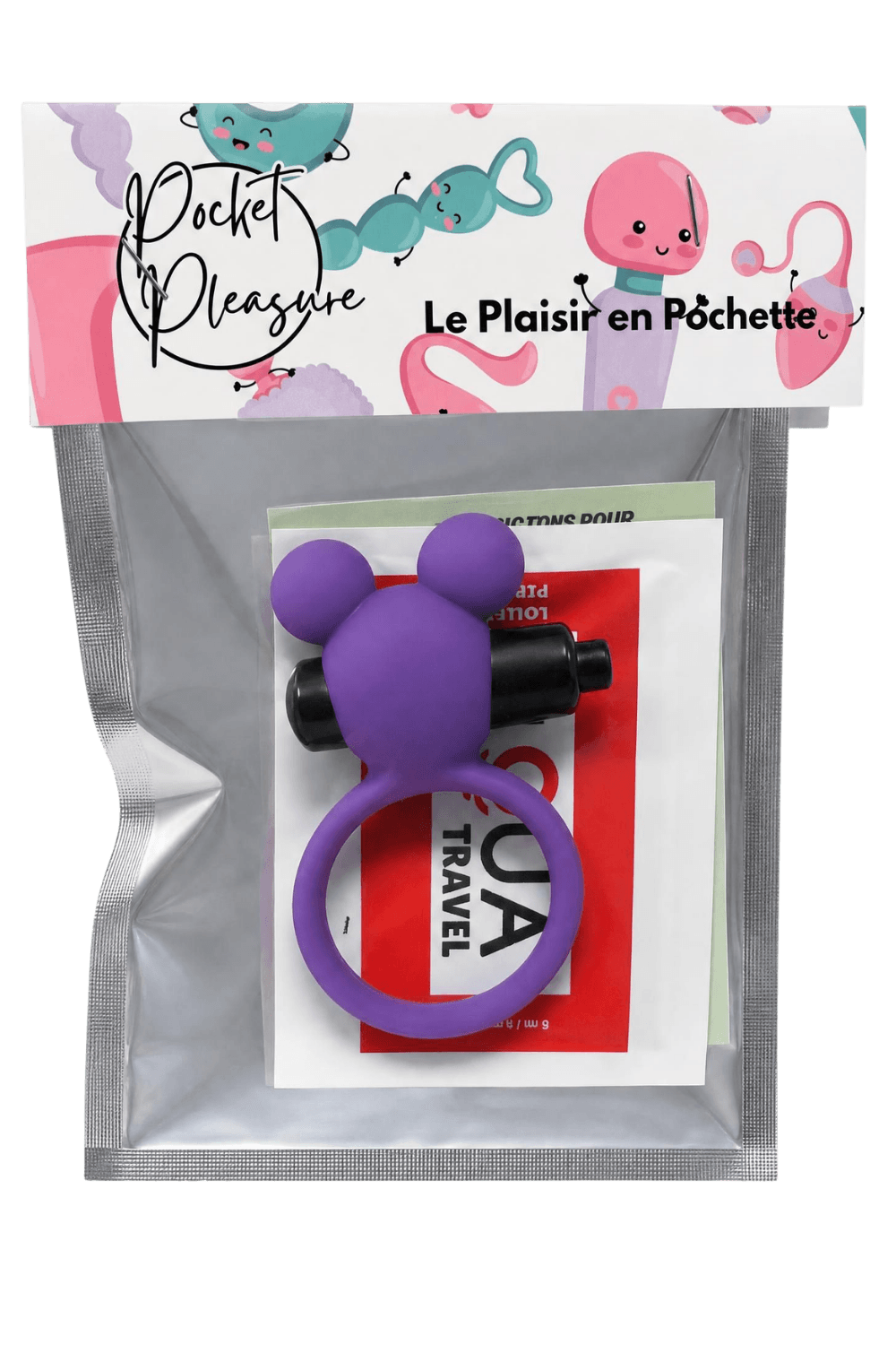 Anneau vibrant ourson violet en silicone avec lubrifiant, design kawaii, stimulation clitoridienne précise, Pocket Pleasure.