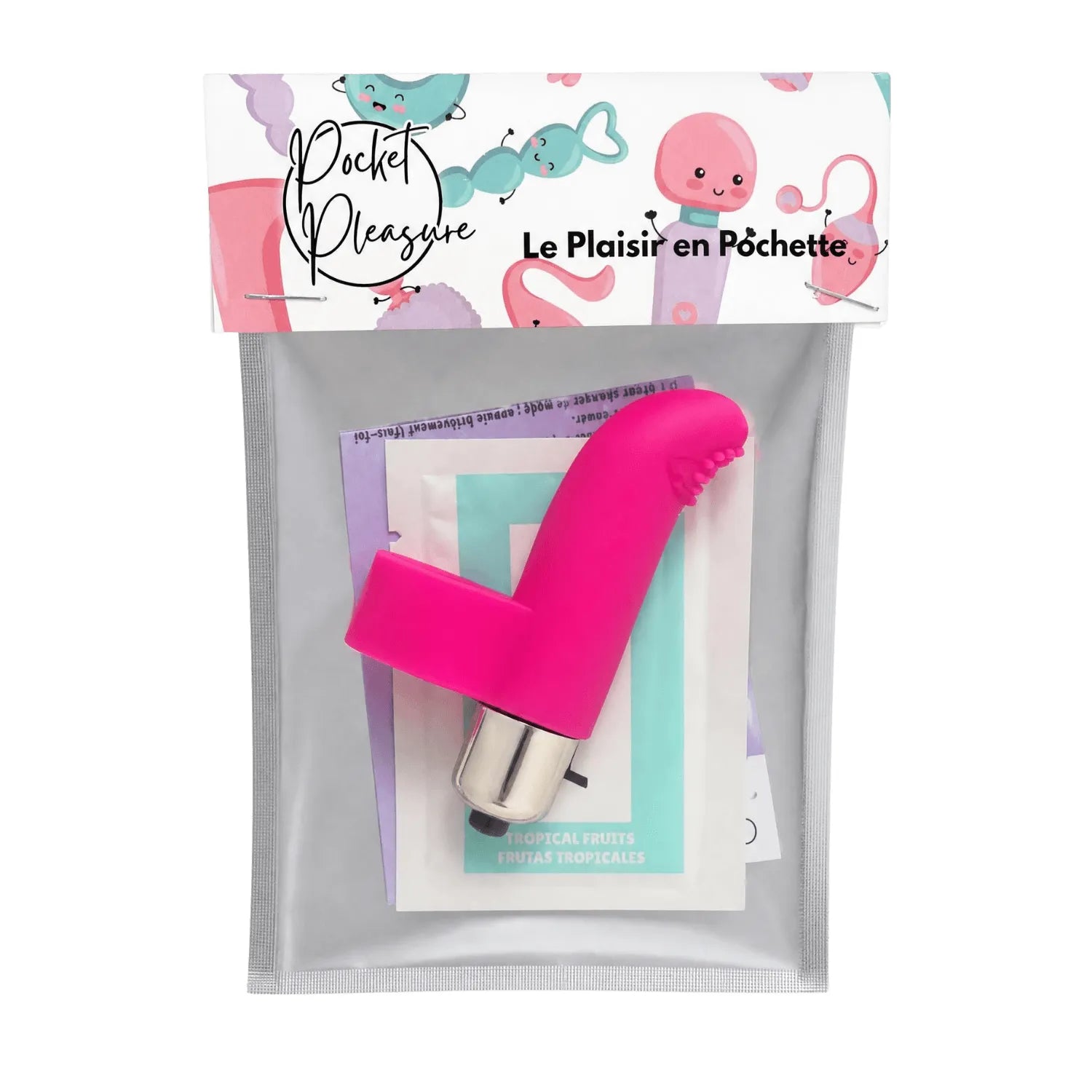 Doigt chinois vibrant rose avec picots et bullet chromé, emballé avec dosette de lubrifiant, Pocket Pleasure.