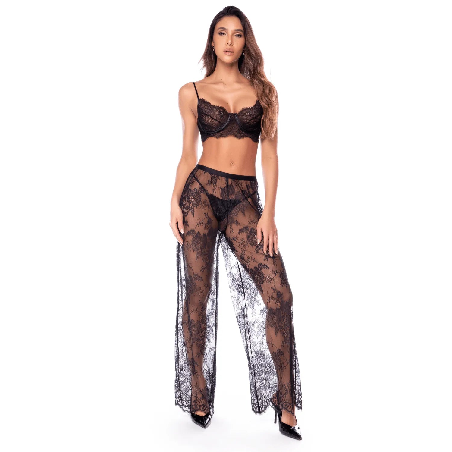 Ensemble 3 pièces en dentelle noire avec pantalon transparent - Mapalé