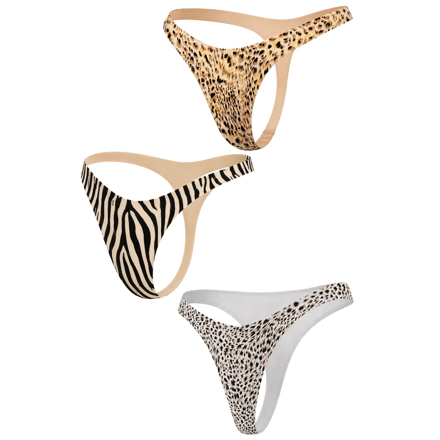 Lot de 3 strings Mapalé imprimés animaliers: léopard beige, zèbre noir, motif tacheté, coupe échancrée féminine.