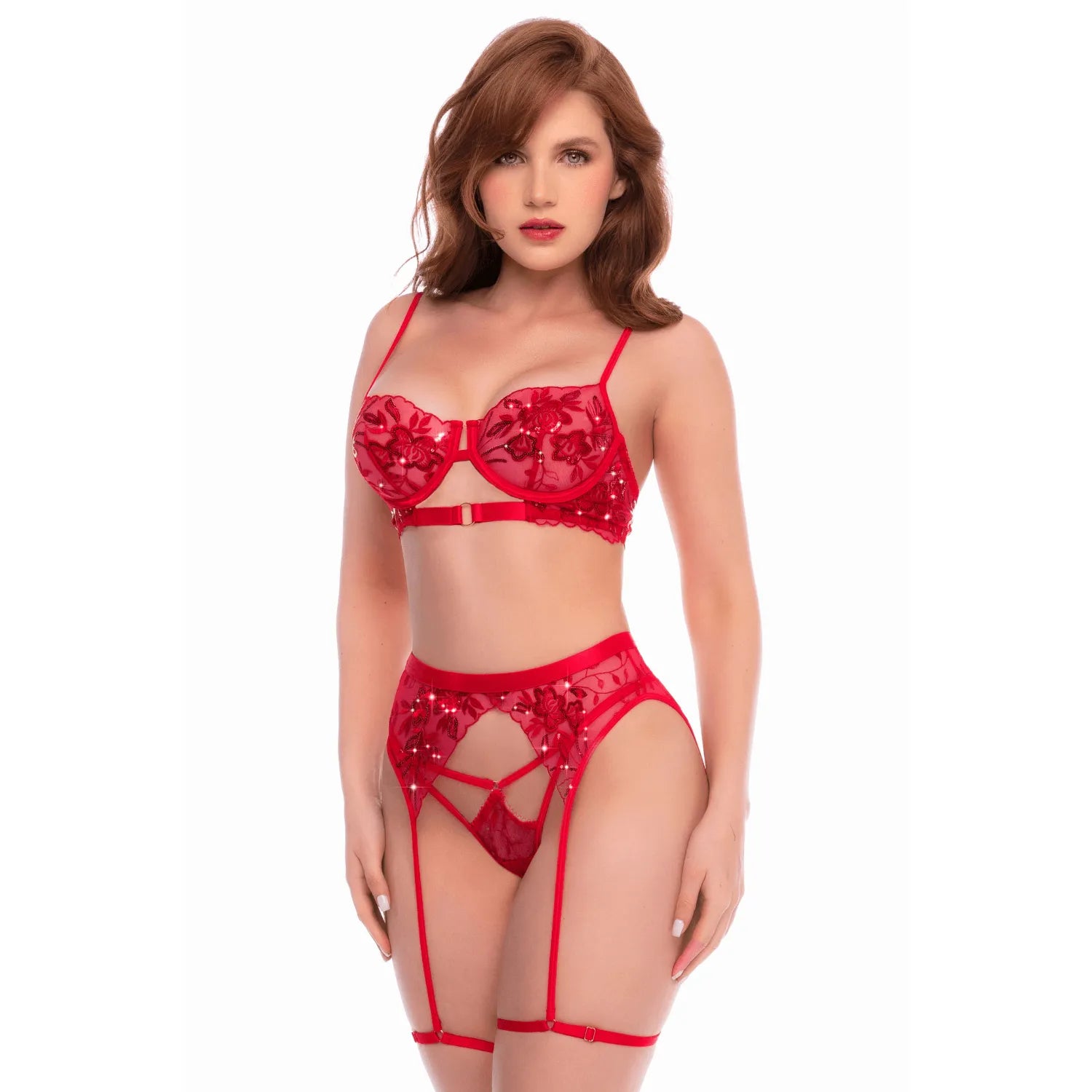 Ensemble 3 pièces rouge écarlate avec soutien-gorge brodé de sequins, porte-jarretelles et string - Mapalé