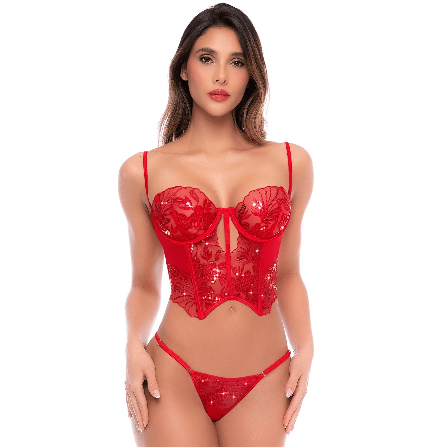 Ensemble 2 pièces rouge écarlate avec bustier brodé de sequins et string - Mapalé