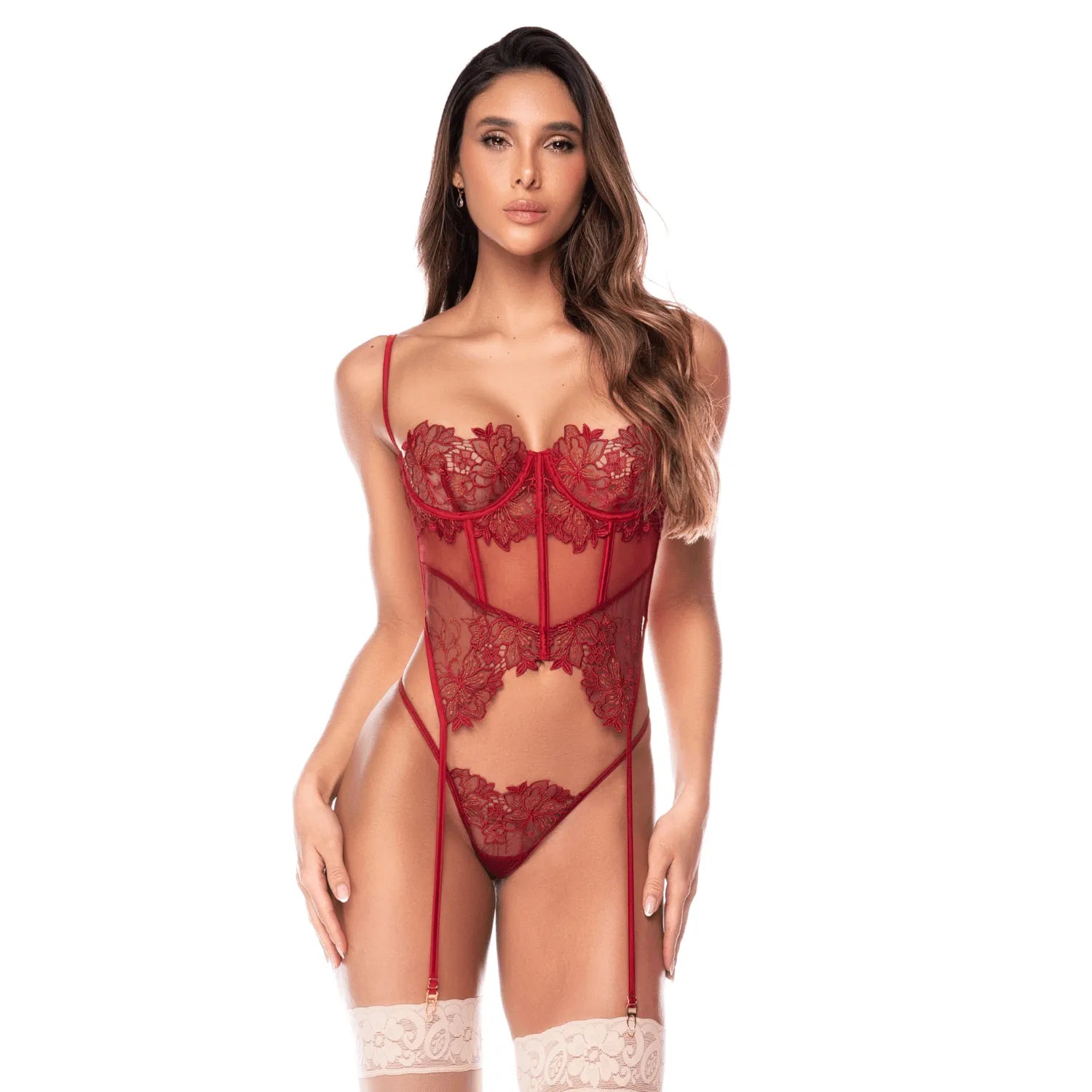 Ensemble 2 pièces avec bustier en dentelle brodée bois de rose, jarretelles et string - Mapalé