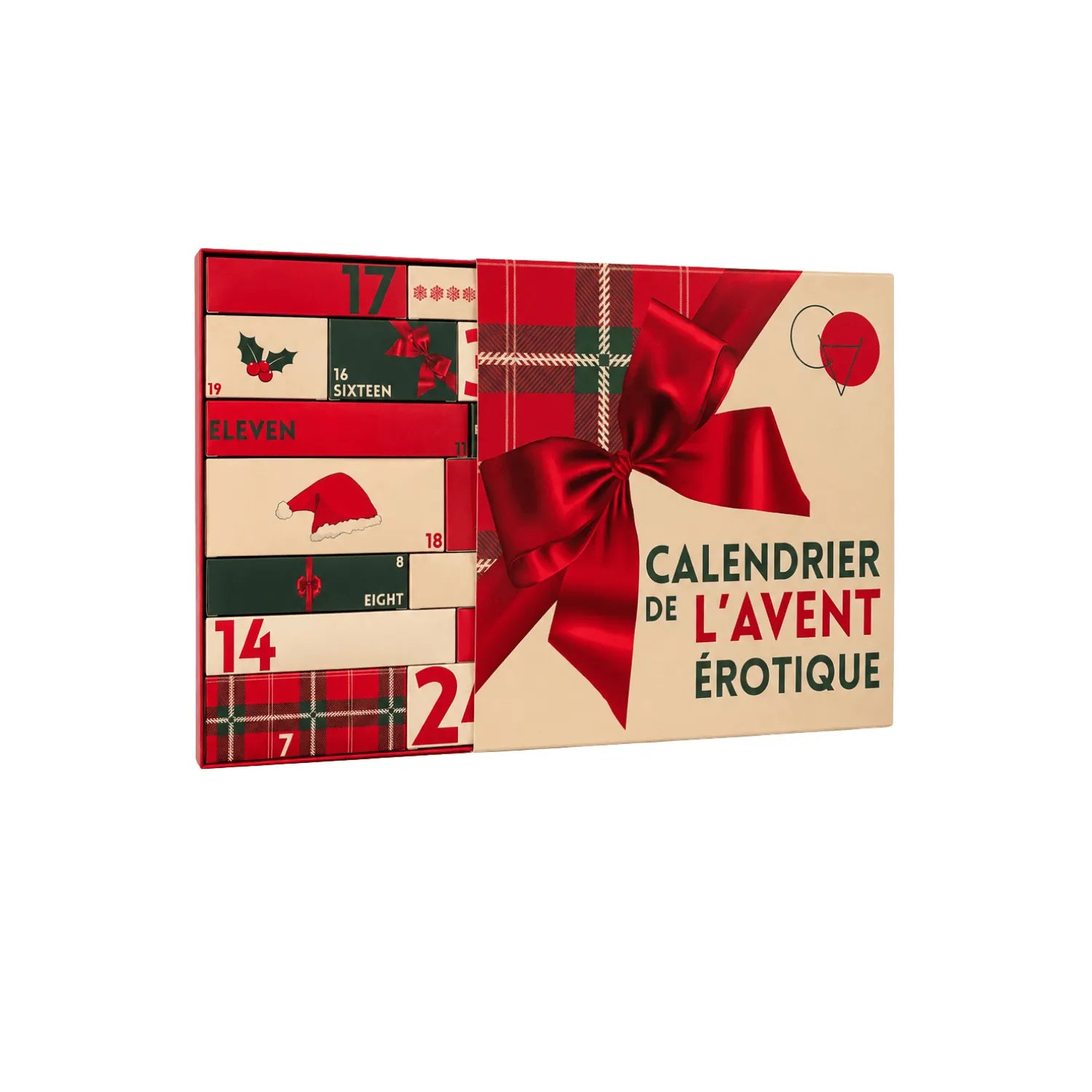 Calendrier de l’Avent érotique 2026, design festif rouge et or, 24 cases surprises pour couples, ruban rouge élégant.