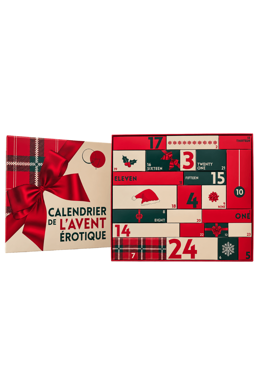Calendrier de l’Avent érotique 2026, design festif rouge et blanc, 24 cases numérotées pour surprises sensuelles.