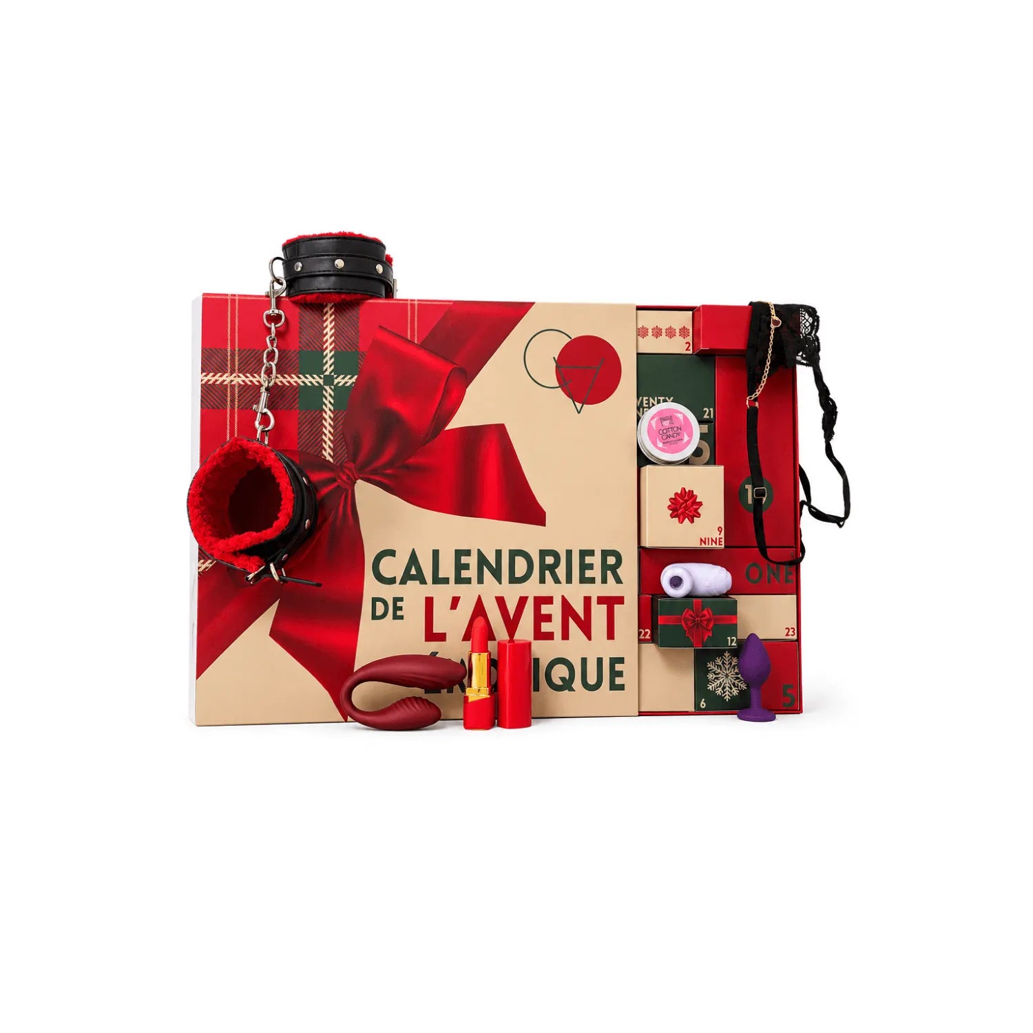 Calendrier de l'Avent érotique 2026 avec accessoires intimes rouges et noirs, boîte cadeau festive avec ruban rouge.