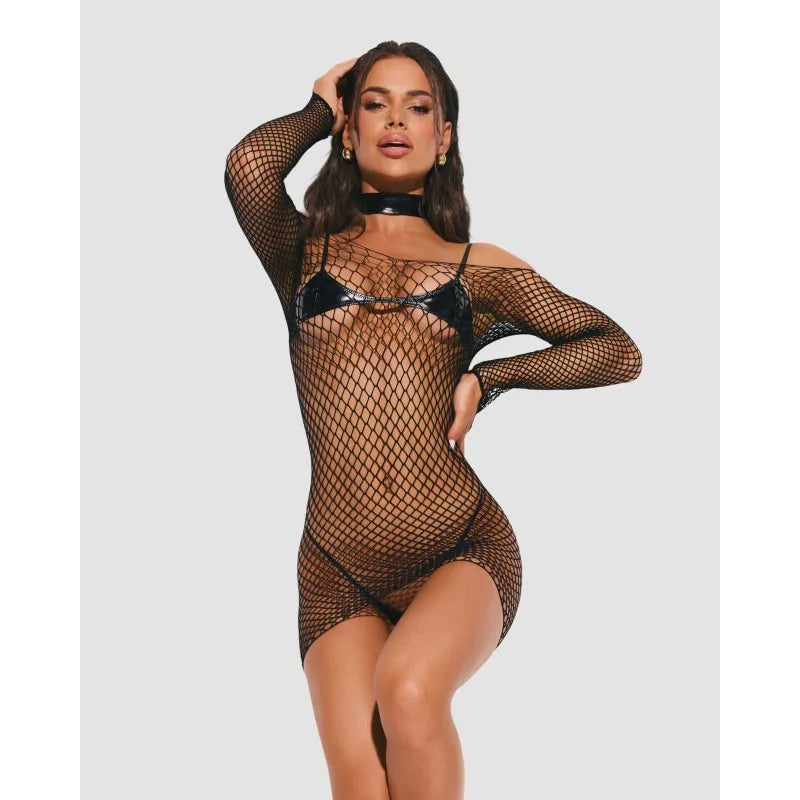 Sashalla ensemble lingerie résille cuir noir manches longues réglables
