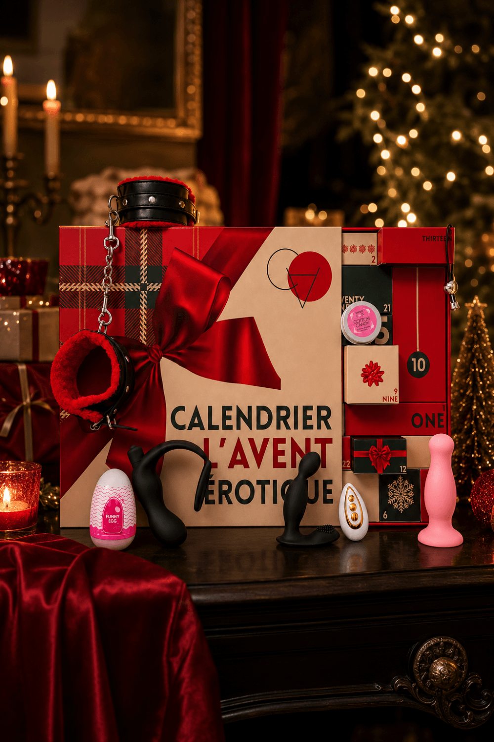 Calendrier de l’Avent érotique gay avec jouets intimes colorés, boîte rouge et noire, ambiance festive et élégante.