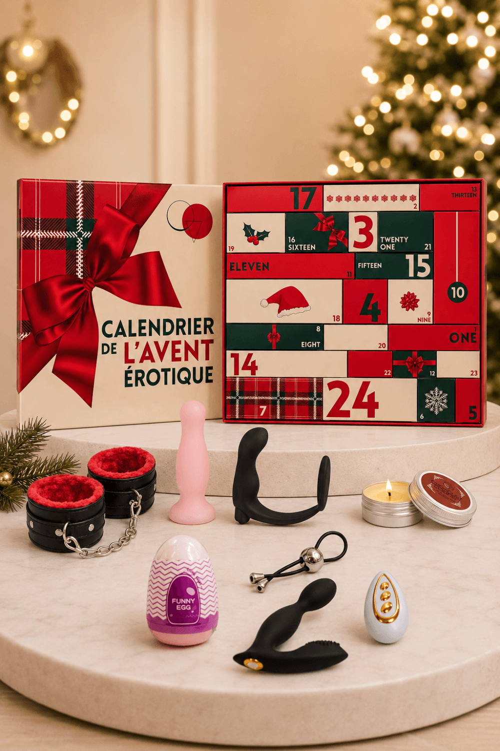 Calendrier de l’Avent érotique gay 2026 ouvert, jouets intimes variés sur table, ambiance festive et élégante.