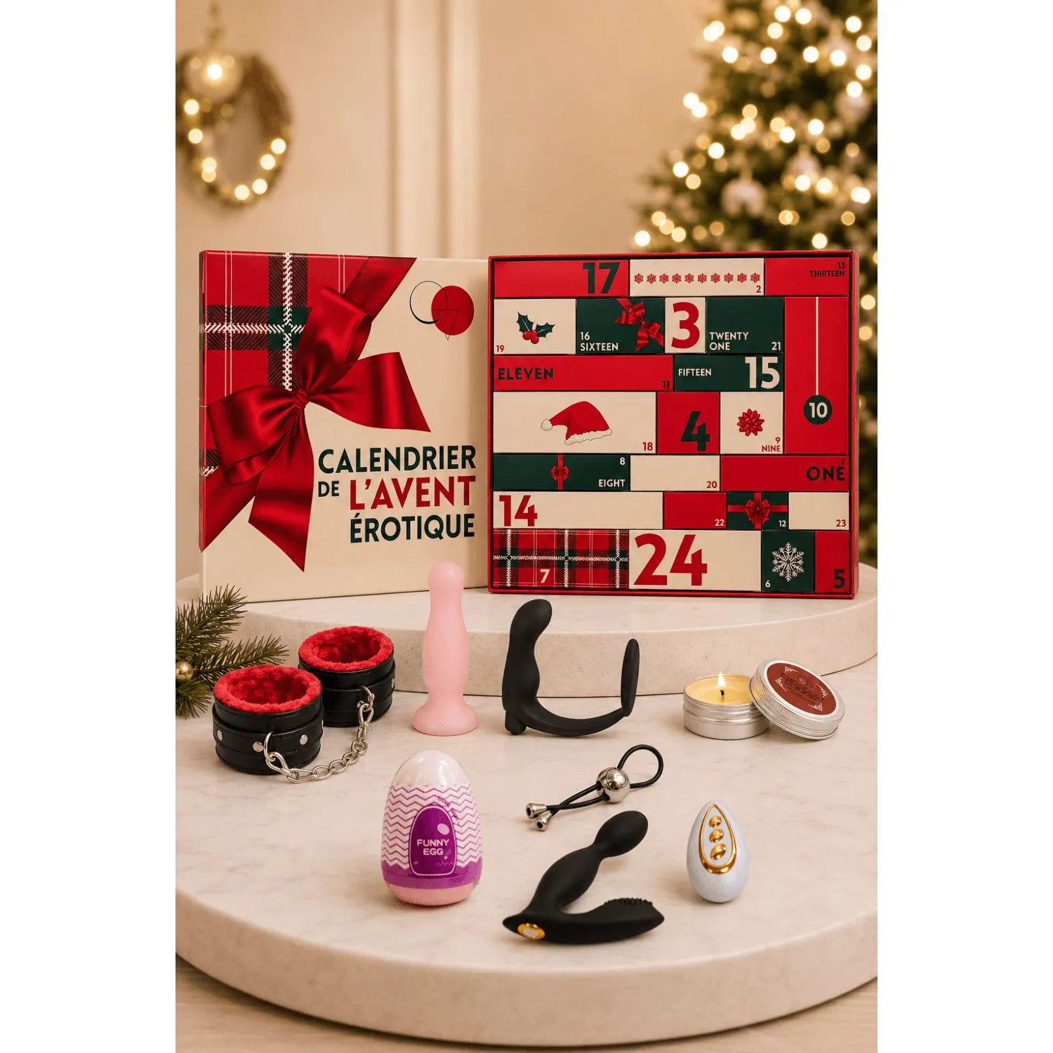 Calendrier de l’Avent érotique gay 2026 ouvert, jouets intimes variés sur table, ambiance festive et élégante.