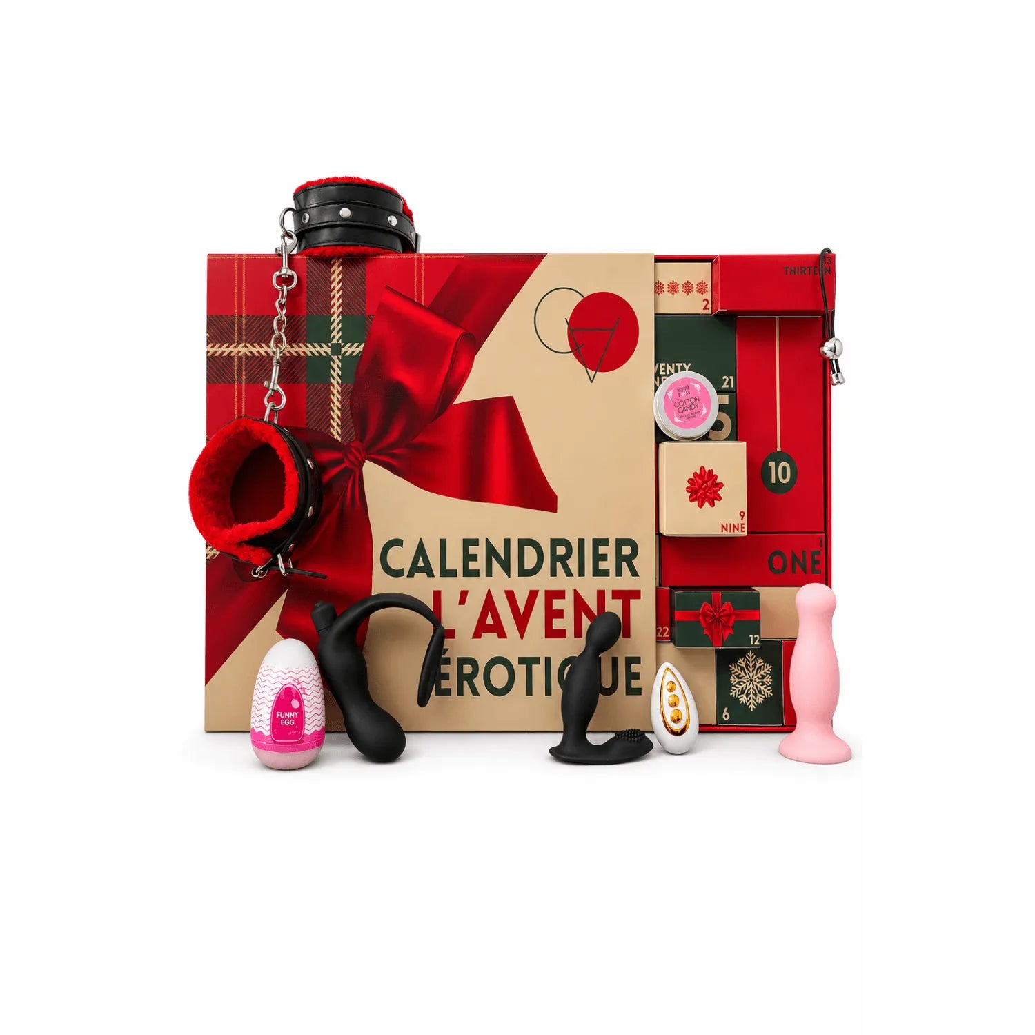 Calendrier de l'Avent érotique pour couple gay avec jouets intimes variés, boîte rouge et beige, accessoires inclus.