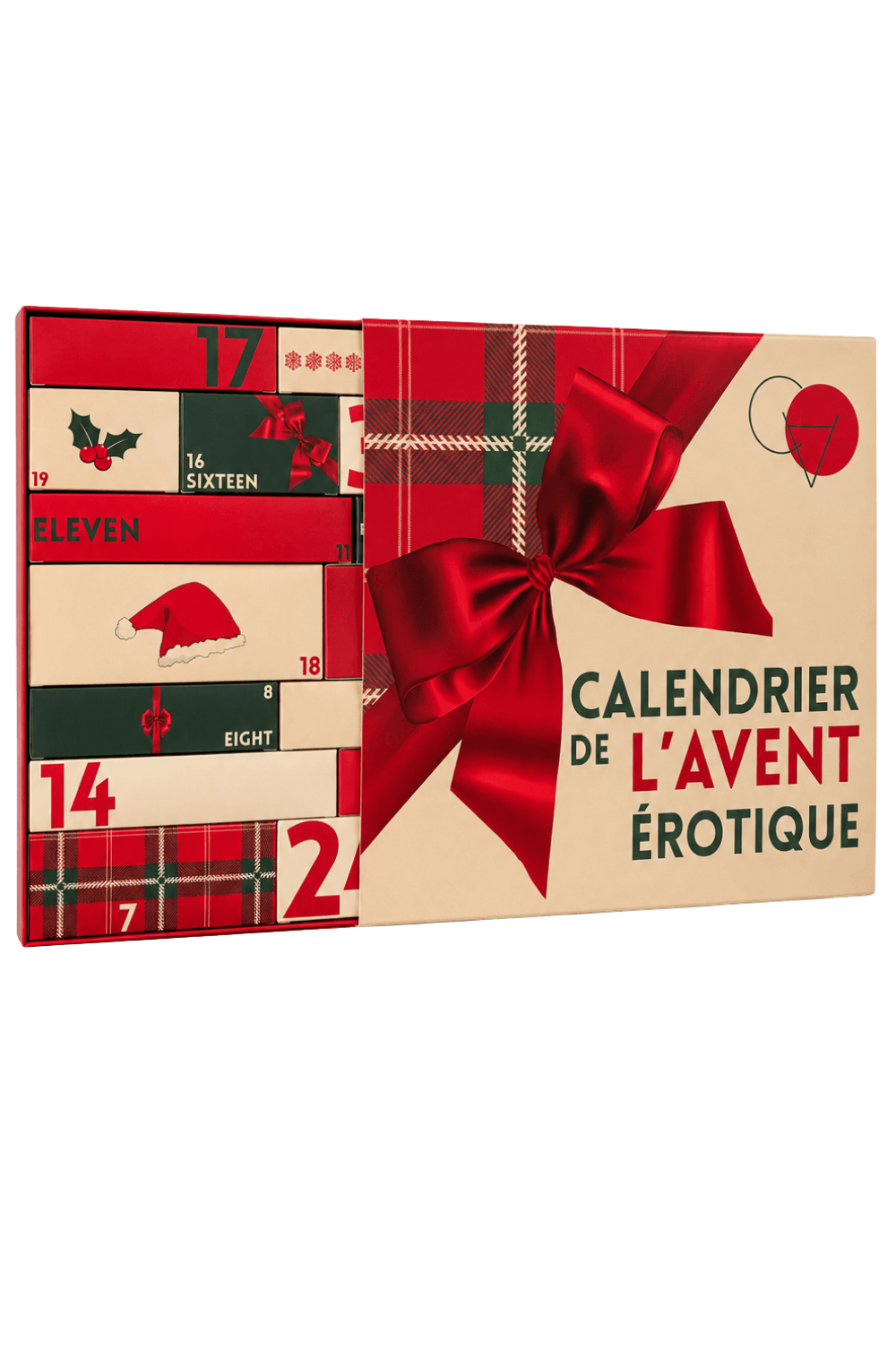 Calendrier de l’Avent érotique lesbien 2026, design festif rouge et or, 24 cases surprises sensuelles pour couples.