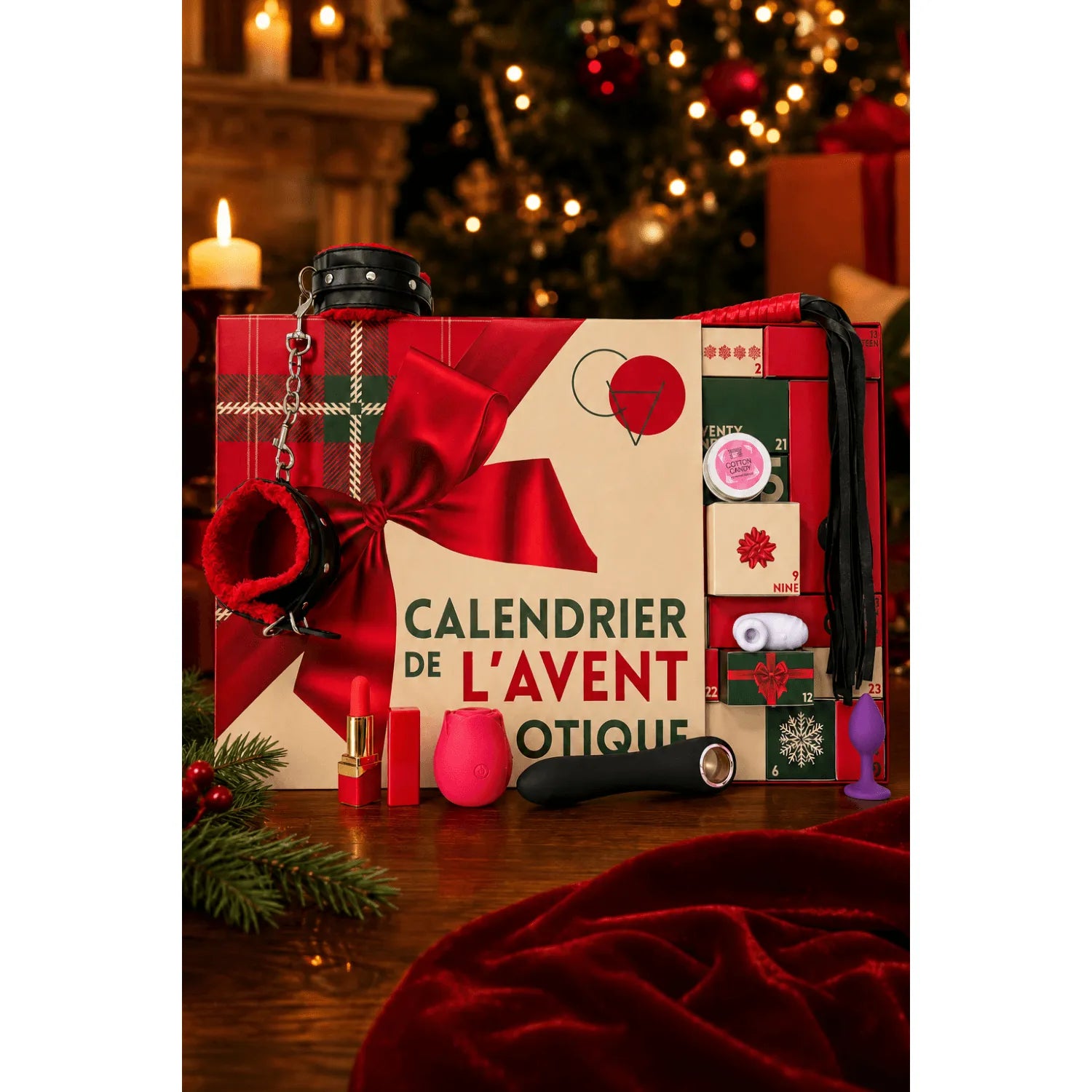 Calendrier de l'Avent érotique lesbien avec accessoires rouges et noirs, sextoys et produits de massage sur fond festif.