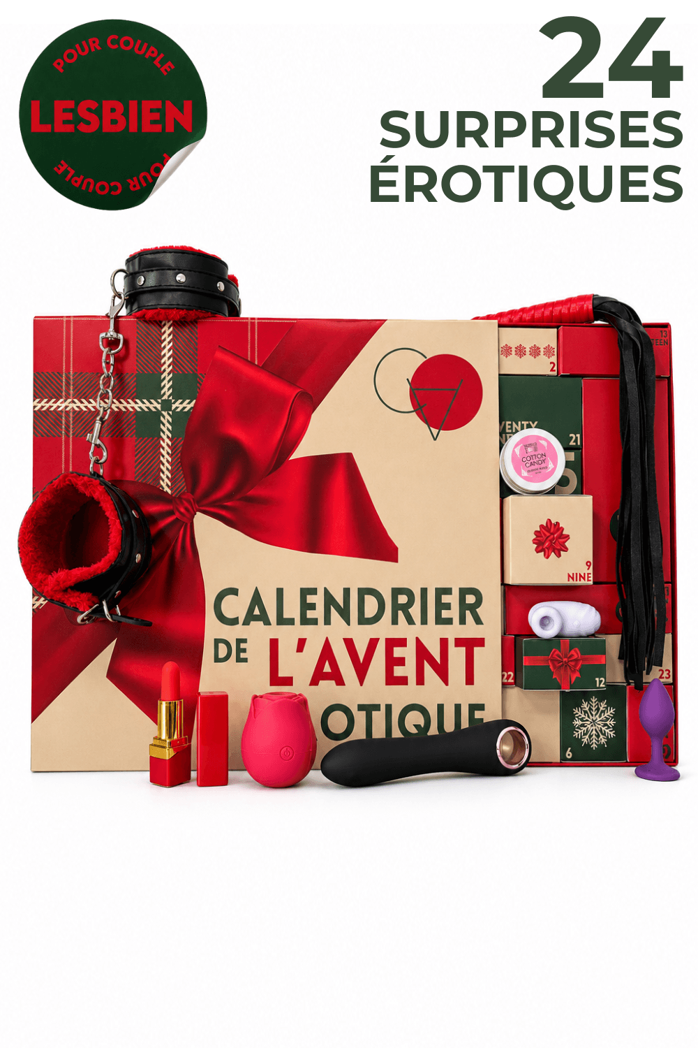 Calendrier de l’Avent érotique lesbien, boîte rouge et beige avec ruban, sextoys et accessoires sensuels exposés.