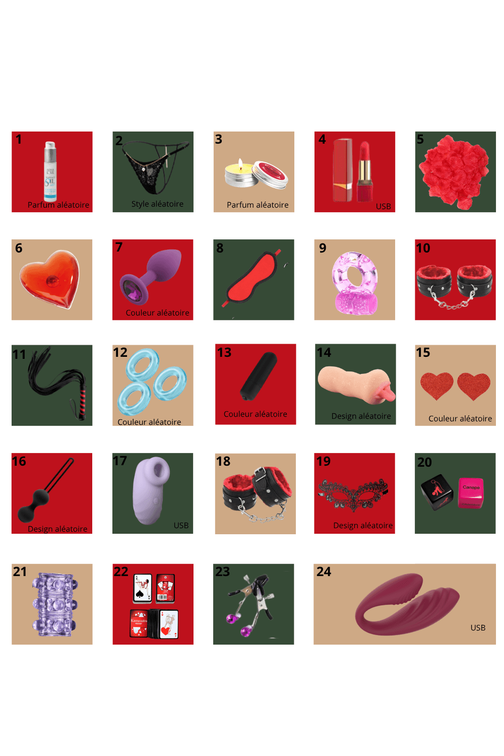 Calendrier de l’Avent érotique 2026 avec 24 cases colorées, incluant divers accessoires intimes et jouets pour couples.