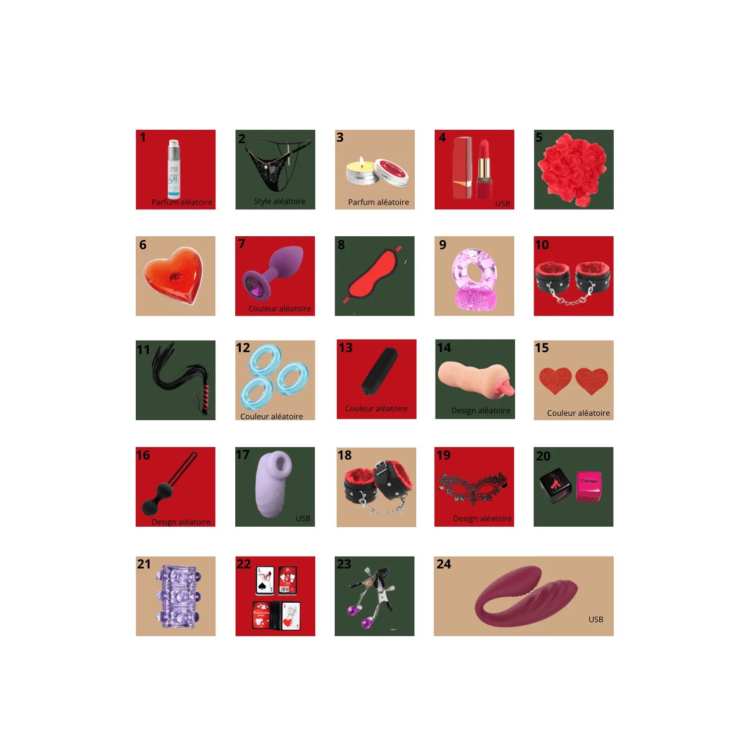 Calendrier de l’Avent érotique 2026 avec 24 cases colorées, incluant divers accessoires intimes et jouets pour couples.