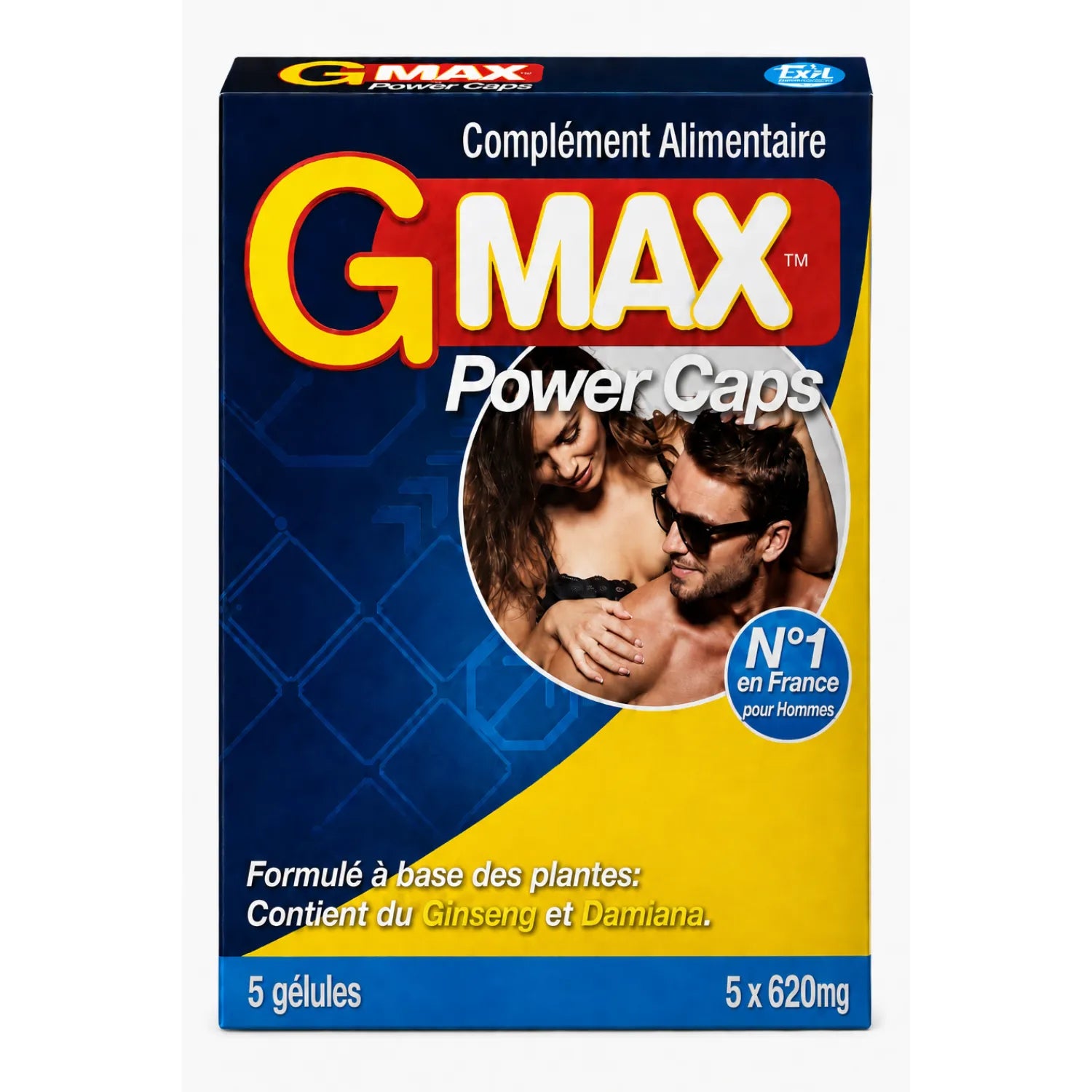 Boîte bleue et jaune de G-MAX Power Caps, 5 gélules, compléments pour vitalité masculine, avec Ginseng et Damiana.