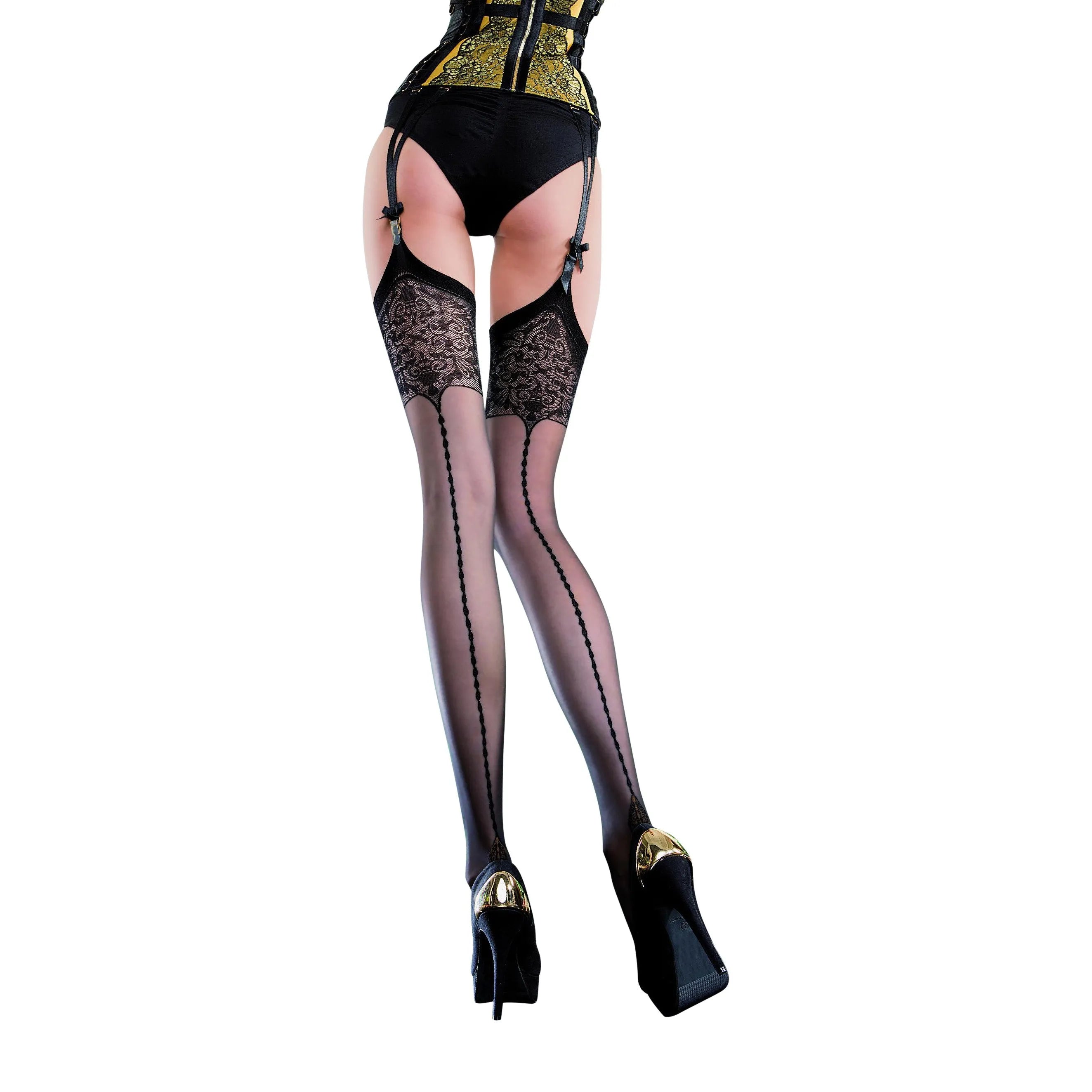 Bas noirs sensuels 20 DEN avec motifs, renforcés aux orteils, sublimant les jambes pour une élégance raffinée.
