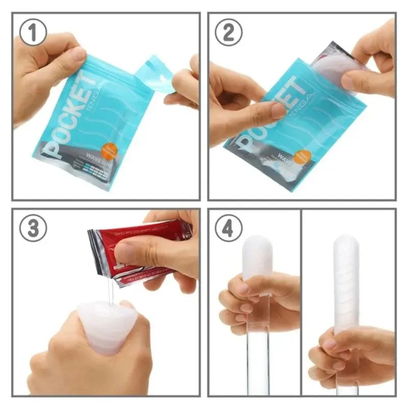 Accessoire adulte jetable ultra extensible, blanc, en utilisation avec lotion, dans emballage bleu, étapes illustrées.
