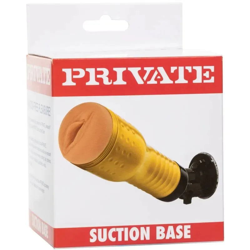 Accessoire d'aspiration jaune pour masturbateurs Private, fixation murale, boîte blanche et rouge, surface lisse.