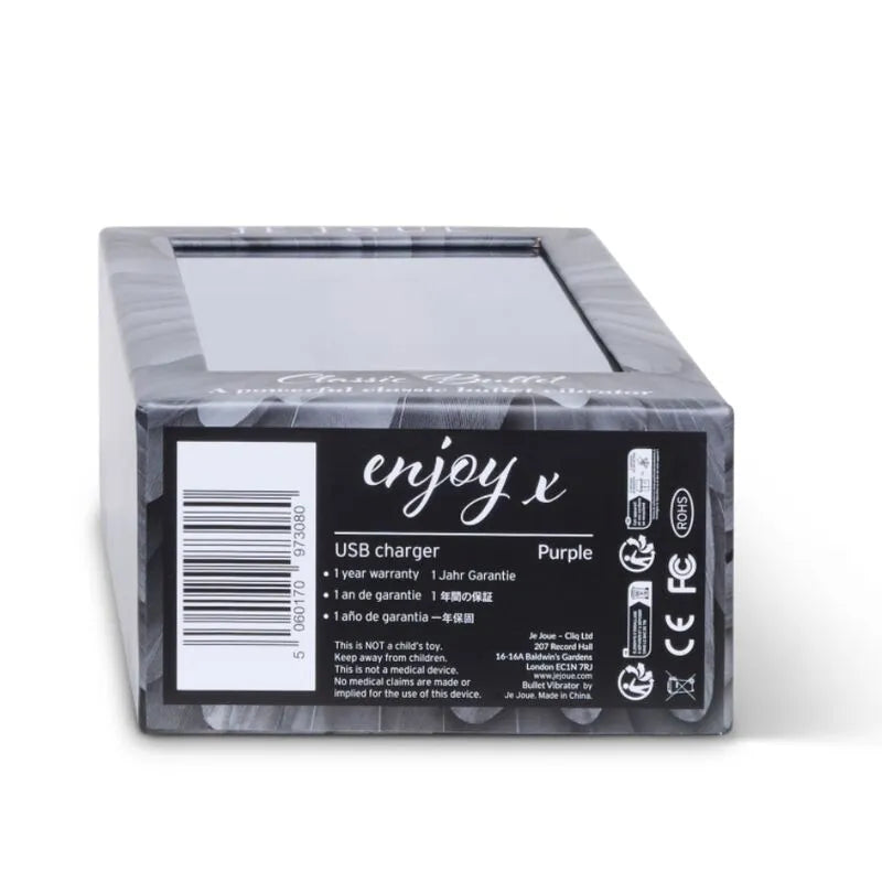 Boîte noire et grise du vibromasseur mains libres waterproof, avec détails de garantie et chargeur USB.