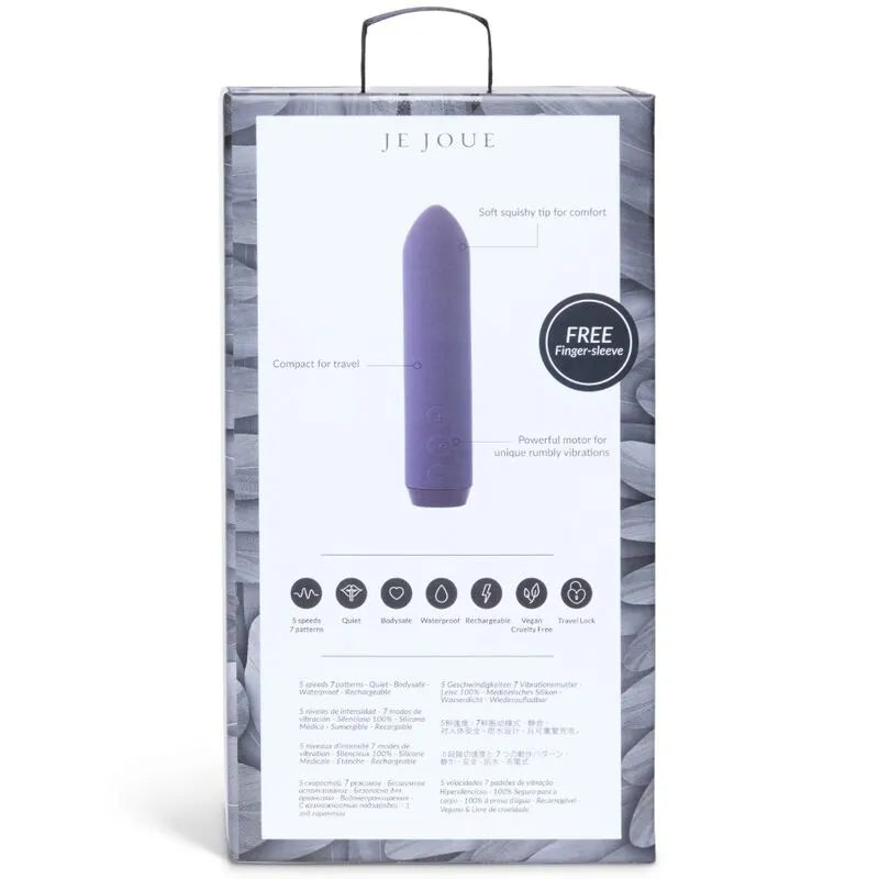 Vibromasseur violet mains libres, rechargeable et waterproof, sur fond blanc avec boîte grise, design compact et moderne.