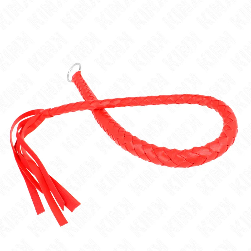 Accessoire BDSM en cuir rouge tressé avec lanières, idéal pour jeux sensuels et intenses, qualité KINK.