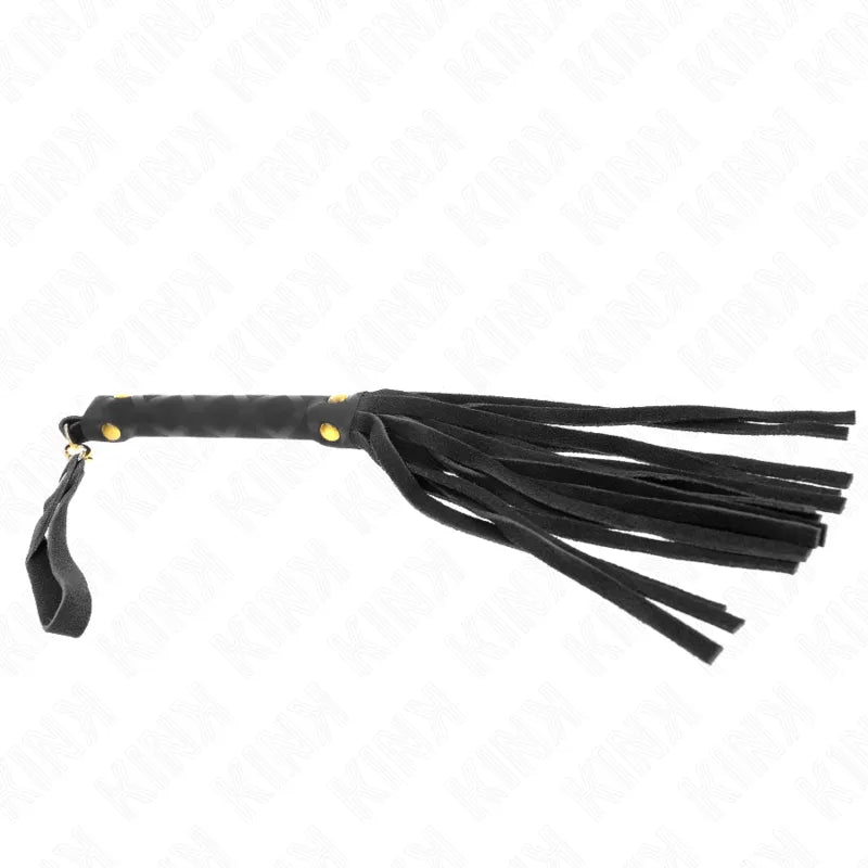 Fouet BDSM en cuir noir avec poignée tressée et lanières, personnalisable, haute qualité pour expériences sensorielles.