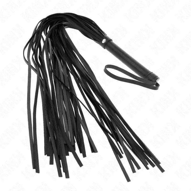 Accessoire BDSM en cuir noir, fouet à lanières multiples, manche ergonomique, qualité premium pour sensations intenses.