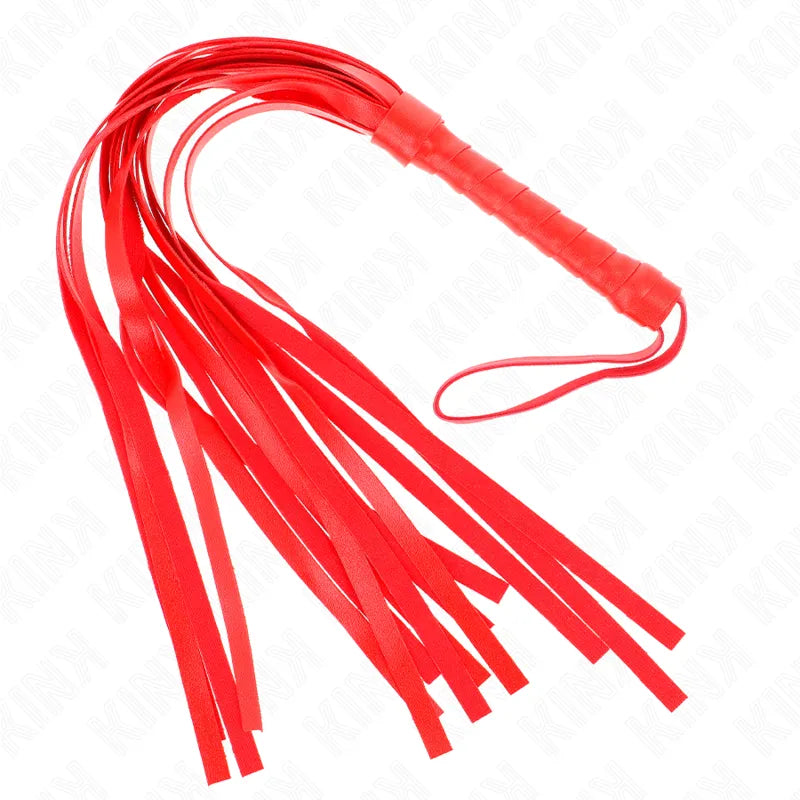 Fouet BDSM rouge en cuir et silicone, poignée texturée, lanières longues, accessoire de jeu intime pour adultes.