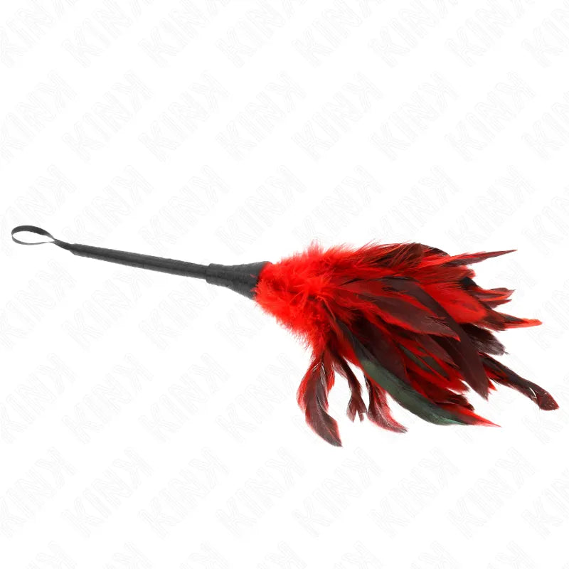 Plumeau BDSM en cuir noir et plumes rouges, accessoire sensuel et sophistiqué pour jeux intenses.