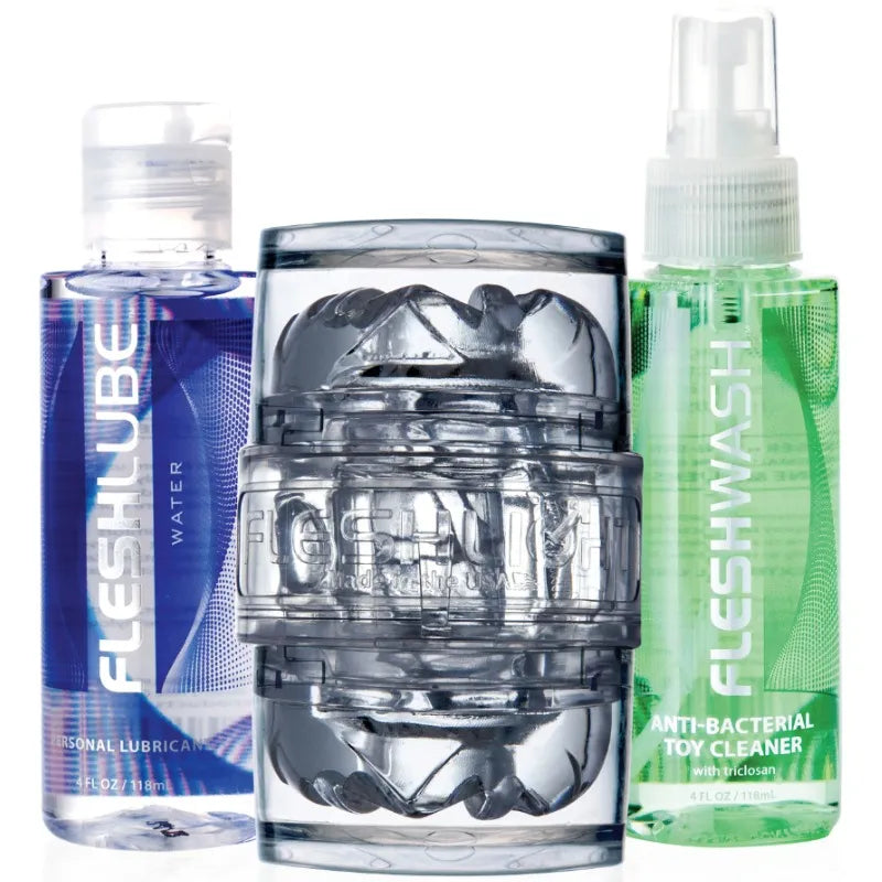 Accessoires Quickshot transparents avec lubrifiant et nettoyant, pour plaisir mains libres et confort optimal.